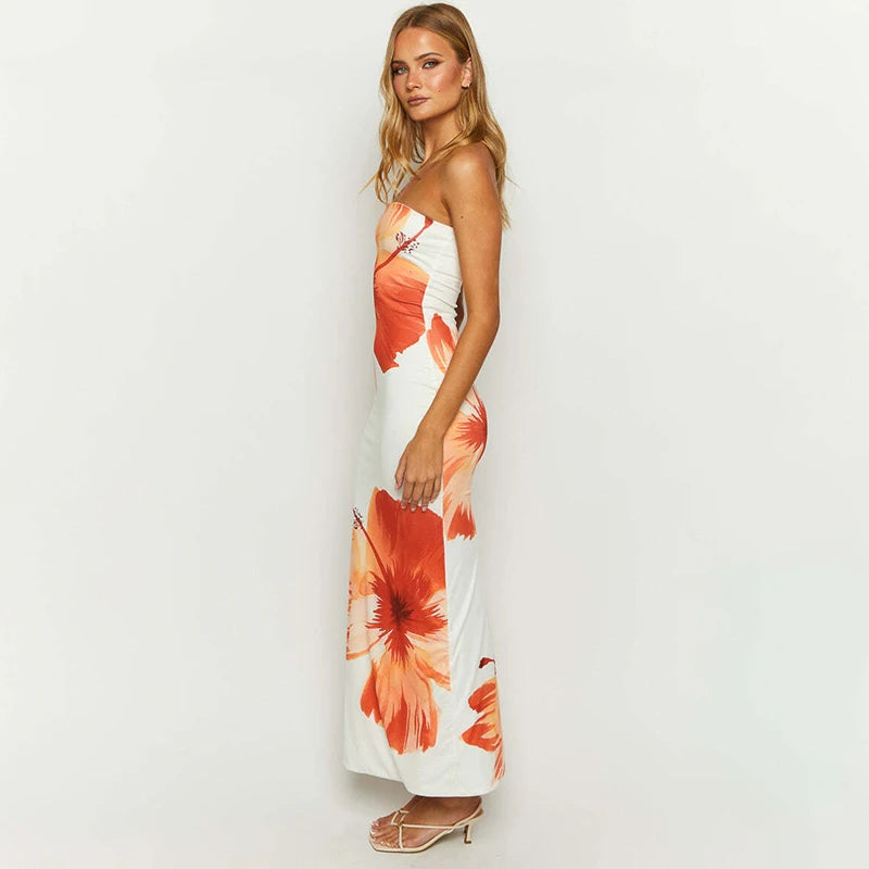 FLOWER PRINTED TUBELESS DRESS